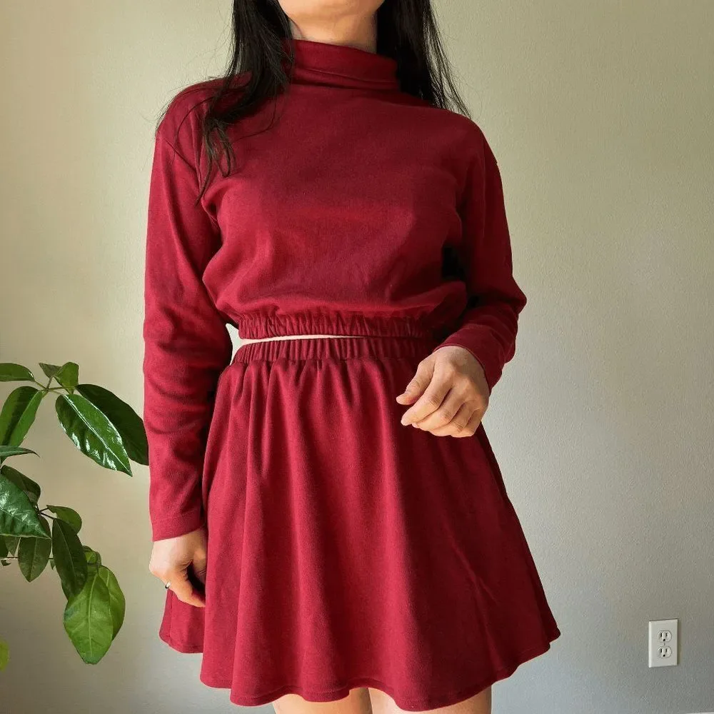 vtg 90s Lands end upcycled reowrked 2 piece skirt crop top set red‎ knit small